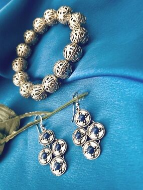 Silver Colored Filigree Bead Bracelet and Blue Bead Drop Earrings Set